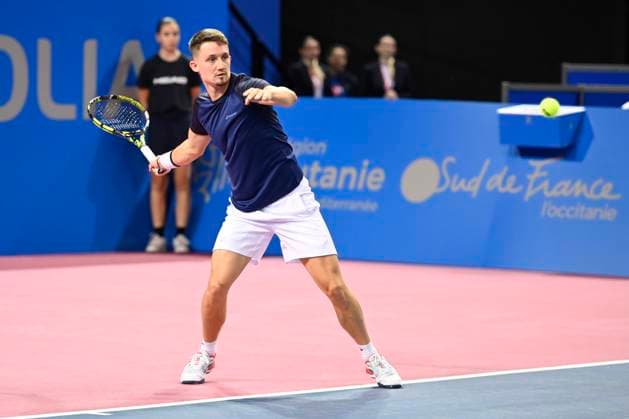 MONTPELLIER, FRANCE - JANUARY 29 : Ugo BLANCHET (FRA) during the qualifiers of the ATP, Tennis Herren 250 Open Sud de France tournament in Montpellier, France on January 29th, 2024. TENNIS : Open Sud de France ATP 250 - 29 01 2024 ValentinaClaret Panoramic 