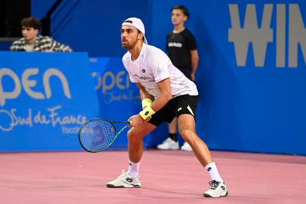 MONTPELLIER, FRANCE - JANUARY 29 : Benjamin BONZI (FRA) during the 1st round of the ATP, Tennis Herren 250 Open Sud de France tournament in Montpellier, France on January 29th, 2024. TENNIS : Open Sud de France ATP 250 - 29 01 2024 ValentinaClaret Panoramic 