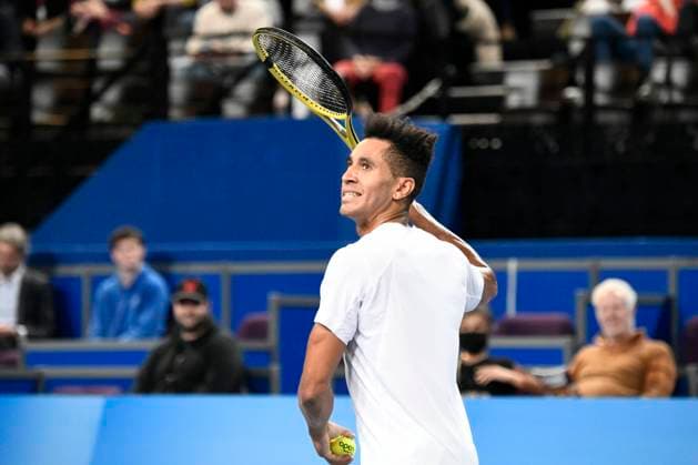 MONTPELLIER, FRANCE - JANUARY 29 : Michael MMOH (USA) wins the 1st round of the ATP, Tennis Herren 250 Open Sud de France tournament in Montpellier, France on January 29th, 2024. TENNIS : Open Sud de France ATP 250 - 29 01 2024 ValentinaClaret Panoramic 