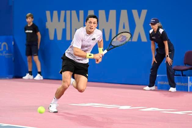 MONTPELLIER, FRANCE - JANUARY 30 : Harold MAYOT (FRA) during the 1st round of the ATP, Tennis Herren 250 Open Sud de France tournament vs. Lucas POUILLE (FRA) in Montpellier, France on January 30th, 2024. TENNIS : Open Sud de France ATP 250 - 30 01 2024 ValentinaClaret Panoramic 