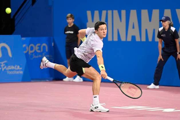 MONTPELLIER, FRANCE - JANUARY 30 : Harold MAYOT (FRA) during the 1st round of the ATP, Tennis Herren 250 Open Sud de France tournament vs. Lucas POUILLE (FRA) in Montpellier, France on January 30th, 2024. TENNIS : Open Sud de France ATP 250 - 30 01 2024 ValentinaClaret Panoramic 