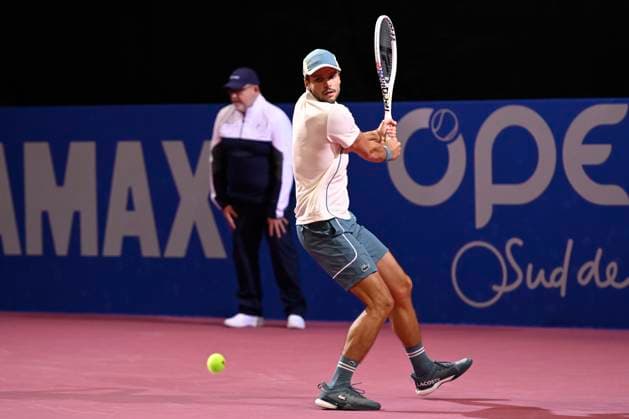 MONTPELLIER, FRANCE - JANUARY 30 : Gregoire BARRERE (FRA) during the 1st round of the ATP, Tennis Herren 250 Open Sud de France tournament vs. Ugo BLANCHET (FRA) in Montpellier, France on January 30th, 2024. TENNIS : Open Sud de France ATP 250 - 30 01 2024 ValentinaClaret Panoramic 