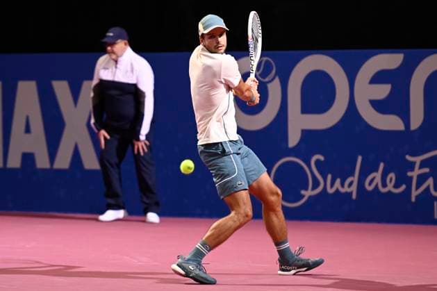 MONTPELLIER, FRANCE - JANUARY 30 : Gregoire BARRERE (FRA) during the 1st round of the ATP, Tennis Herren 250 Open Sud de France tournament vs. Ugo BLANCHET (FRA) in Montpellier, France on January 30th, 2024. TENNIS : Open Sud de France ATP 250 - 30 01 2024 ValentinaClaret Panoramic 