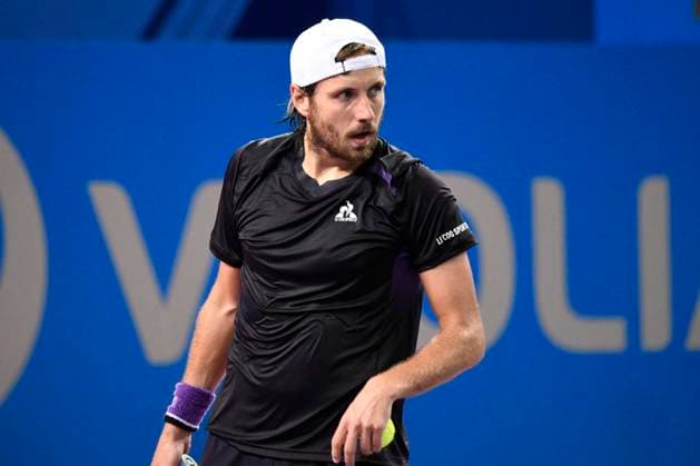 MONTPELLIER, FRANCE - JANUARY 30 : Lucas POUILLE (FRA) during the 1st round of the ATP, Tennis Herren 250 Open Sud de France tournament vs. Harold MAYOT (FRA) in Montpellier, France on January 30th, 2024. TENNIS : Open Sud de France ATP 250 - 30 01 2024 ValentinaClaret Panoramic 