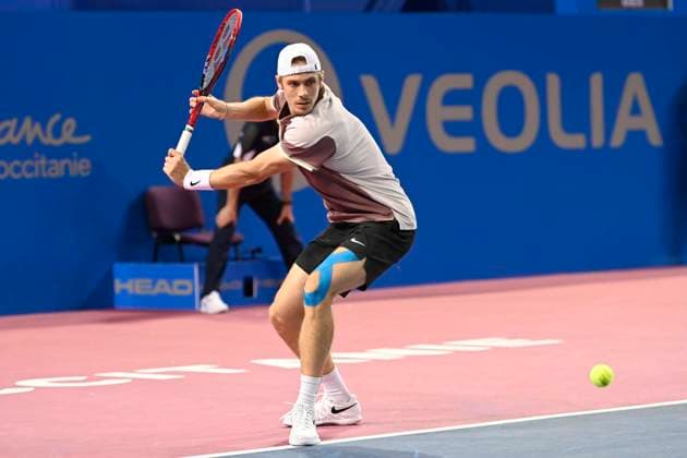 MONTPELLIER, FRANCE - JANUARY 30 : Denis SHAPOVALOV (CAN) during the 1st round of the ATP, Tennis Herren 250 Open Sud de France tournament against Hugo GASTON (FRA) in Montpellier, France on January 30th, 2024. TENNIS : Open Sud de France ATP 250 - 30 01 2024 ValentinaClaret Panoramic 