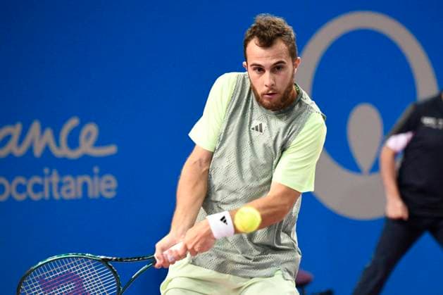 MONTPELLIER, FRANCE - JANUARY 30 : Hugo GASTON (FRA) during the 1st round of the ATP, Tennis Herren 250 Open Sud de France tournament against Denis SHAPOVALOV (CAN) in Montpellier, France on January 30th, 2024. TENNIS : Open Sud de France ATP 250 - 30 01 2024 ValentinaClaret Panoramic 