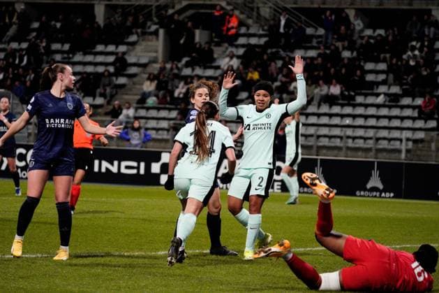 Fran Kirby of Chelsea celebrates after she puts her side 1-0 ahead with a back post header Paris FC Feminines v Chelsea Women, Football, UEFA Women s Champions League, Group D, Stade Charlety, Paris, France - 30 Jan 2024 EDITORIAL USE ONLY No use with unauthorised audio, video, data, fixture lists, club league logos or live services. Online in-match use limited to 120 images, no video emulation. No use in betting, games or single club league player publications. Copyright: xDavexWinter Shutterstockx 14324140ah