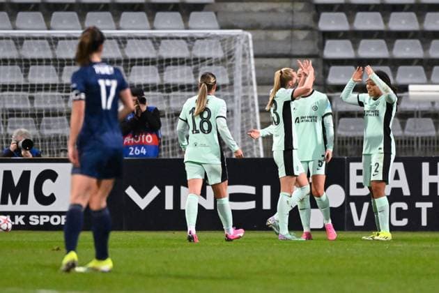 Mia Fishel ( 2 - Chelsea ) celebrates with teammates during the UEFA Women s Champions League match between PFC and Chelsea at Stade Charlety on January 30, 2024 in Paris, France. ( Photo by federico pestellini panoramic ) - FOOTBALL : PFC vs Chelsea - Ligue des Champions Feminine - 30 01 2024 FedericoPestellini Panoramic 