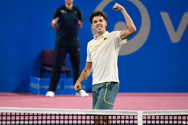 MONTPELLIER, FRANCE - JANUARY 30 : Arthur CAZAUX (FRA) wins the 1st round of the ATP, Tennis Herren 250 Open Sud de France tournament vs. Maximilian MARTERER (GBR) in Montpellier, France on January 30th, 2024. TENNIS : Open Sud de France ATP 250 - 30 01 2024 ValentinaClaret Panoramic 