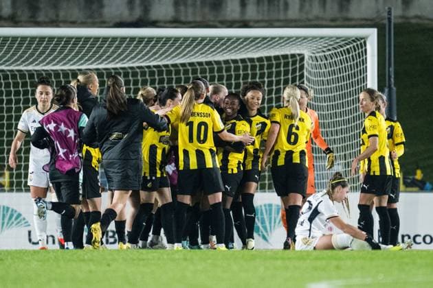 240130 Players of Häcken celebrate after the UEFA Women s Champions League football match between Real Madrid and Häcken on January 30, 2024 in Madrid. Photo: Mathias Bergeld BILDBYRAN kod MB MB0845 fotboll football soccer fotball champions league real madrid häcken dam bbeng women kvinner jubel Copyright: MATHIASxBERGELD BB240130MB075