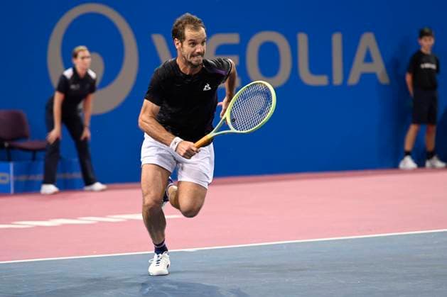MONTPELLIER, FRANCE - JANUARY 30 : Richard GASQUET (FRA) during the 1st round of the ATP, Tennis Herren 250 Open Sud de France tournament vs. Pablo LLAMAS RUIZ (ESP) in Montpellier, France on January 30th, 2024. TENNIS : Open Sud de France ATP 250 - 30 01 2024 ValentinaClaret Panoramic 
