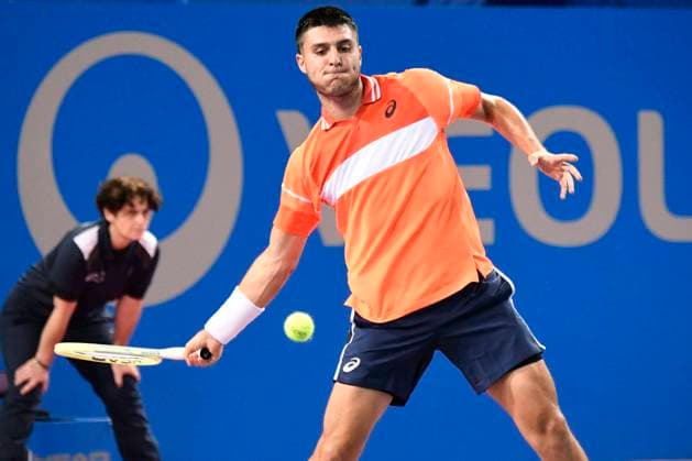 MONTPELLIER, FRANCE - JANUARY 30 : Pablo LLAMAS RUIZ (ESP) during the 1st round of the ATP, Tennis Herren 250 Open Sud de France tournament vs. Richard GASQUET (FRA) in Montpellier, France on January 30th, 2024. TENNIS : Open Sud de France ATP 250 - 30 01 2024 ValentinaClaret Panoramic 