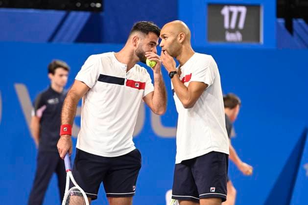 MONTPELLIER, FRANCE - JANUARY 31 : Sadio DOUMBIA (FRA) et Fabien REBOUL (FRA) during the doubles 1st round of the ATP, Tennis Herren 250 Open Sud de France tournament vs. Constantin FRANTZEN (GER) and Hendrik JEBENS (GER) in Montpellier, France on January 31st, 2024. TENNIS : Open Sud de France ATP 250 - 31 01 2024 ValentinaClaret Panoramic 
