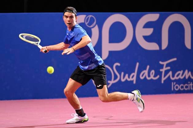 MONTPELLIER, FRANCE - JANUARY 31 : Dalibor SVRCINA (CZE) during the 1st round of the ATP, Tennis Herren 250 Open Sud de France tournament vs. Alexander SHEVCHENKO (KAZ) in Montpellier, France on January 31st, 2024. TENNIS : Open Sud de France ATP 250 - 31 01 2024 ValentinaClaret Panoramic 