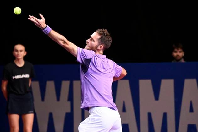 MONTPELLIER, FRANCE - JANUARY 31 : Constant LESTIENNE (FRA) during the 1st round of the ATP, Tennis Herren 250 Open Sud de France tournament vs. Bernabe ZAPATA MIRALLES (ESP) in Montpellier, France on January 31st, 2024. TENNIS : Open Sud de France ATP 250 - 31 01 2024 ValentinaClaret Panoramic 