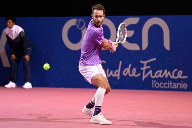 MONTPELLIER, FRANCE - JANUARY 31 : Constant LESTIENNE (FRA) during the 1st round of the ATP, Tennis Herren 250 Open Sud de France tournament vs. Bernabe ZAPATA MIRALLES (ESP) in Montpellier, France on January 31st, 2024. TENNIS : Open Sud de France ATP 250 - 31 01 2024 ValentinaClaret Panoramic 