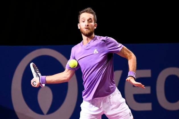 MONTPELLIER, FRANCE - JANUARY 31 : Constant LESTIENNE (FRA) during the 1st round of the ATP, Tennis Herren 250 Open Sud de France tournament vs. Bernabe ZAPATA MIRALLES (ESP) in Montpellier, France on January 31st, 2024. TENNIS : Open Sud de France ATP 250 - 31 01 2024 ValentinaClaret Panoramic 