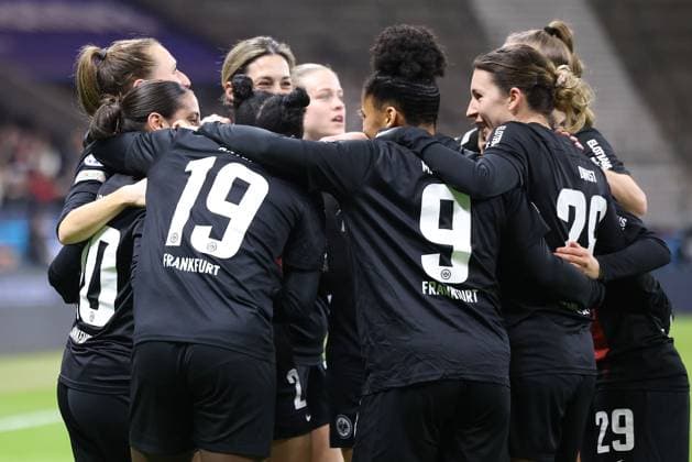 Deutsche Bank Park, Frankfurt Main Germany 31.01.2024 UEFA Women s Champions League match Grouppe A SGE Eintracht Frankfurt - Rosengard v.l., Ilayda Acikgöz (Eintracht Frankfurt), Etonam Nicole Anyomi (Eintracht Frankfurt), Shekiera Martinez (Eintracht Frankfurt), Barbara Dunst (Eintracht Frankfurt), Dilara Acikgoez (Eintracht Frankfurt), Torjubel, Goal celebration, celebrate the goal Copyright: JoaquimxFerreira