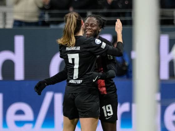 Lara Prasnikar (Eintracht Frankfurt, 07) und Nicole Anyomi (Eintracht Frankfurt, 19) bejubeln das Tor zum 2:0, GER, Eintracht Frankfurt vs. FC Rosengard, Fussball, UEFA Womens Champions League, Gruppenphase, 6. Spieltag, Saison 2023 2024, 31.01.2024. GER, Eintracht Frankfurt vs. FC Rosengard, Fussball, UEFA Womens Champions League, Gruppenphase, 6. Spieltag, Saison 2023 2024, 31.01.2024. Frankfurt Copyright: xEibner-Pressefoto FlorianxWieganx EP_FWD