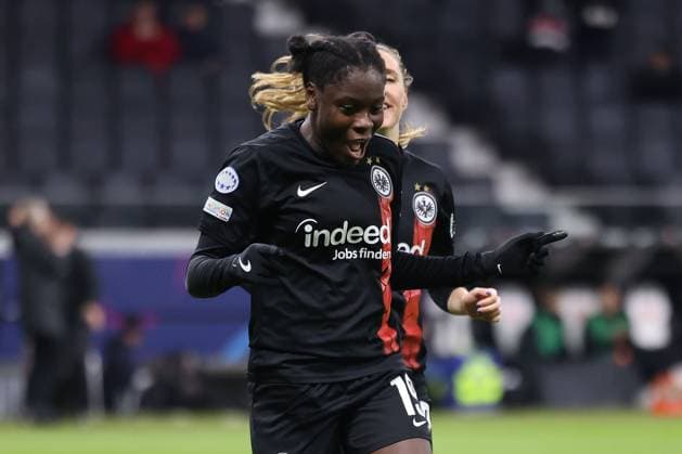 Deutsche Bank Park, Frankfurt Main Germany 31.01.2024 UEFA Women s Champions League match Grouppe A SGE Eintracht Frankfurt - Rosengard v.l., Etonam Nicole Anyomi (Eintracht Frankfurt), Lara Prasnikar (Eintracht Frankfurt), Torjubel, Goal celebration, celebrate the goal zum 2:0 Copyright: JoaquimxFerreira