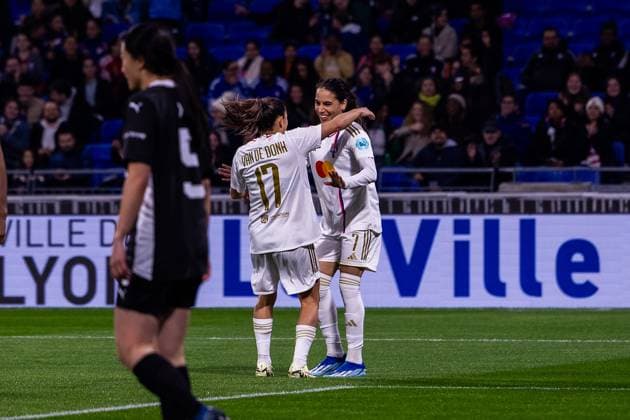 Amel Majri (7 Olympique Lyonnais) and Danielle Van de Donk (17 Olympique Lyonnais) celebrating her goal during the UEFA Women?s Champions League game between Olympique Lyonnais and Salvia Praha at Groupama Stadium in Lyon, France. (Pauline FIGUET SPP) Copyright: xPaulinexFIGUETx xSPPx spp-en-PaFiSp-PF_OLvSLP185