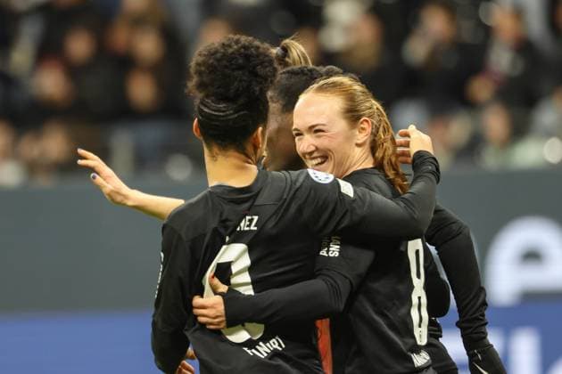 31.01.2024, xusrbx, Fussball Champions League Frauen, Eintracht Frankfurt Frauen - FC Rosengard emspor, v.l. Lisanne Graewe (Eintracht Frankfurt, 8), Torjubel, in der 76. Spielminute, (DFL DFB REGULATIONS PROHIBIT ANY USE OF PHOTOGRAPHS as IMAGE SEQUENCES and or QUASI-VIDEO) Frankfurt am Main