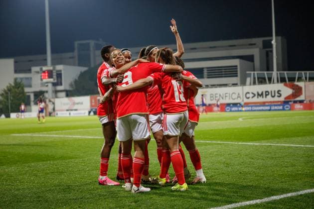 Jessica Silva celebrates after scoring goal during UEFA Women Champions League 23 24 game between SL Benfica and FC Barcelona, Barca at Benfica Campus, Seixal, Lisbon, Portugal. (Maciej Rogowski) Lisbon Estadio Da Luz Portugal Copyright: xMaciejxRogowskix slbfcb-20