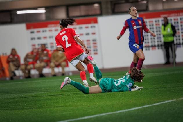 Marie-Yasmine Alidou d Anjou celebrates after scoring goal during UEFA Women Champions League 23 24 game between SL Benfica and FC Barcelona, Barca at Benfica Campus, Seixal, Lisbon, Portugal. (Maciej Rogowski) Lisbon Estadio Da Luz Portugal Copyright: xMaciejxRogowskix slbfcb-07