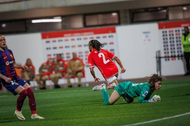 Marie-Yasmine Alidou d Anjou celebrates after scoring goal during UEFA Women Champions League 23 24 game between SL Benfica and FC Barcelona, Barca at Benfica Campus, Seixal, Lisbon, Portugal. (Maciej Rogowski) Lisbon Estadio Da Luz Portugal Copyright: xMaciejxRogowskix slbfcb-09