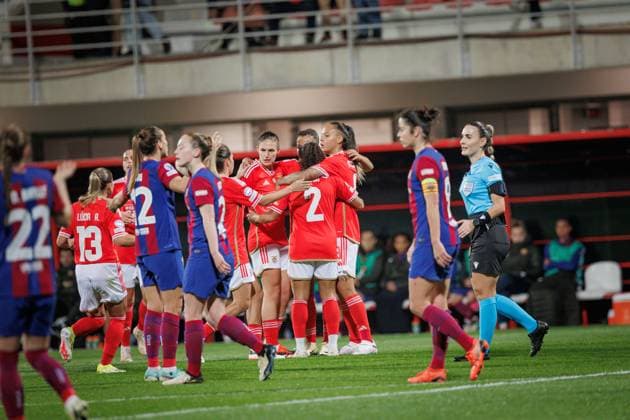 Marie-Yasmine Alidou d Anjou celebrates after scoring goal during UEFA Women Champions League 23 24 game between SL Benfica and FC Barcelona, Barca at Benfica Campus, Seixal, Lisbon, Portugal. (Maciej Rogowski) Lisbon Estadio Da Luz Portugal Copyright: xMaciejxRogowskix slbfcb-11