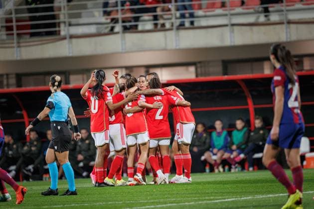 Marie-Yasmine Alidou d Anjou celebrates after scoring goal during UEFA Women Champions League 23 24 game between SL Benfica and FC Barcelona, Barca at Benfica Campus, Seixal, Lisbon, Portugal. (Maciej Rogowski) Lisbon Estadio Da Luz Portugal Copyright: xMaciejxRogowskix slbfcb-14