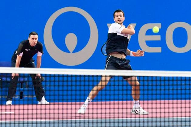 MONTPELLIER, FRANCE - FEBRUARY 1 : Pedro MARTINEZ (ESP) during the 2nd round of the ATP, Tennis Herren 250 Open Sud de France tournament vs. Borna CORIC (CRO) in Montpellier, France on February 1st, 2024. TENNIS : Open Sud de France ATP 250 - 01 02 2024 ValentinaClaret Panoramic 