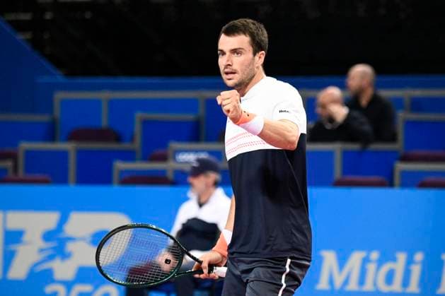 MONTPELLIER, FRANCE - FEBRUARY 1 : Pedro MARTINEZ (ESP) celebration during the 2nd round of the ATP, Tennis Herren 250 Open Sud de France tournament vs. Borna CORIC (CRO) in Montpellier, France on February 1st, 2024. TENNIS : Open Sud de France ATP 250 - 01 02 2024 ValentinaClaret Panoramic 