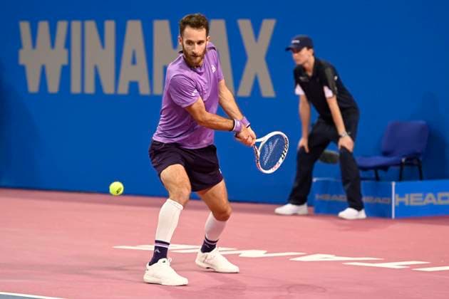 MONTPELLIER, FRANCE - FEBRUARY 1 : Constant LESTIENNE (FRA) during the 2nd round of the ATP, Tennis Herren 250 Open Sud de France tournament vs. Flavio COBOLLI (ITA) in Montpellier, France on February 1st, 2024. TENNIS : Open Sud de France ATP 250 - 01 02 2024 ValentinaClaret Panoramic 