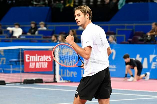 MONTPELLIER, FRANCE - FEBRUARY 1 : Flavio COBOLLI (ITA) celebration during the 2nd round of the ATP, Tennis Herren 250 Open Sud de France tournament vs. Constant LESTIENNE (FRA) in Montpellier, France on February 1st, 2024. TENNIS : Open Sud de France ATP 250 - 01 02 2024 ValentinaClaret Panoramic 