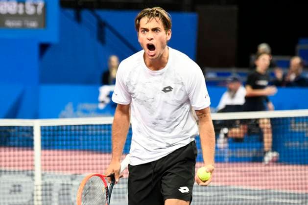 MONTPELLIER, FRANCE - FEBRUARY 1 : Flavio COBOLLI (ITA) celebration during the 2nd round of the ATP, Tennis Herren 250 Open Sud de France tournament vs. Constant LESTIENNE (FRA) in Montpellier, France on February 1st, 2024. TENNIS : Open Sud de France ATP 250 - 01 02 2024 ValentinaClaret Panoramic 