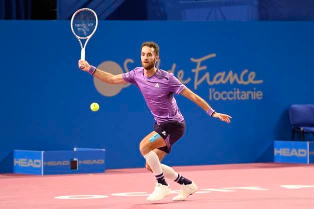 MONTPELLIER, FRANCE - FEBRUARY 1 : Constant LESTIENNE (FRA) during the 2nd round of the ATP, Tennis Herren 250 Open Sud de France tournament vs. Flavio COBOLLI (ITA) in Montpellier, France on February 1st, 2024. TENNIS : Open Sud de France ATP 250 - 01 02 2024 ValentinaClaret Panoramic 