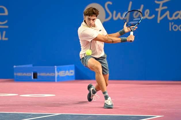 MONTPELLIER, FRANCE - FEBRUARY 1 : Arthur CAZAUX (FRA) during the 2nd round of the ATP, Tennis Herren 250 Open Sud de France tournament vs. Felix AUGER-ALIASSIME (CAN) in Montpellier, France on February 1st, 2024. TENNIS : Open Sud de France ATP 250 - 01 02 2024 ValentinaClaret Panoramic 
