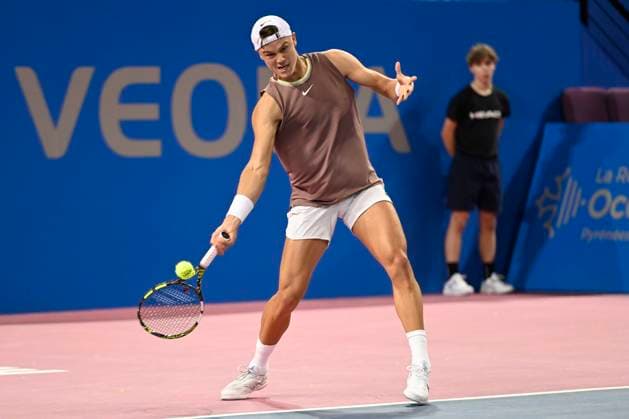 MONTPELLIER, FRANCE - FEBRUARY 1 : Holger RUNE (DEN) during the 2nd round of the ATP, Tennis Herren 250 Open Sud de France tournament vs. Pablo LLAMAS RUIZ (ESP) in Montpellier, France on February 1st, 2024. TENNIS : Open Sud de France ATP 250 - 01 02 2024 ValentinaClaret Panoramic 