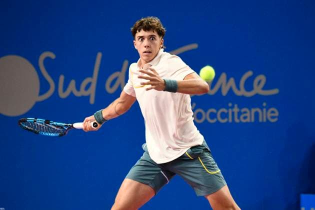 MONTPELLIER, FRANCE - FEBRUARY 1 : Arthur CAZAUX (FRA) during the 2nd round of the ATP, Tennis Herren 250 Open Sud de France tournament vs. Felix AUGER-ALIASSIME (CAN) in Montpellier, France on February 1st, 2024. TENNIS : Open Sud de France ATP 250 - 01 02 2024 ValentinaClaret Panoramic 