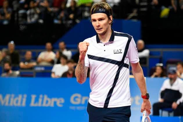 MONTPELLIER, FRANCE - FEBRUARY 2 : Alexander BUBLIK (KAZ) celebration during the 1 4 final of the ATP, Tennis Herren 250 Open Sud de France tournament vs. Alexander SHEVCHENKO (KAZ) in Montpellier, France on February 2nd, 2024. TENNIS : Open Sud de France ATP 250 - 02 02 2024 ValentinaClaret Panoramic 