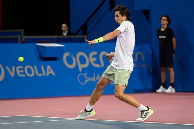 MONTPELLIER, FRANCE - FEBRUARY 2 : Alexander SHEVCHENKO (KAZ) during the 1 4 final of the ATP, Tennis Herren 250 Open Sud de France tournament vs. Alexander BUBLIK (KAZ) in Montpellier, France on February 2nd, 2024. TENNIS : Open Sud de France ATP 250 - 02 02 2024 ValentinaClaret Panoramic 