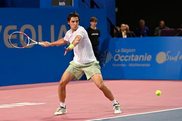 MONTPELLIER, FRANCE - FEBRUARY 2 : Alexander SHEVCHENKO (KAZ) during the 1 4 final of the ATP, Tennis Herren 250 Open Sud de France tournament vs. Alexander BUBLIK (KAZ) in Montpellier, France on February 2nd, 2024. TENNIS : Open Sud de France ATP 250 - 02 02 2024 ValentinaClaret Panoramic 