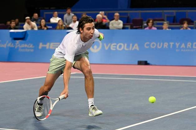 MONTPELLIER, FRANCE - FEBRUARY 2 : Alexander SHEVCHENKO (KAZ) during the 1 4 final of the ATP, Tennis Herren 250 Open Sud de France tournament vs. Alexander BUBLIK (KAZ) in Montpellier, France on February 2nd, 2024. TENNIS : Open Sud de France ATP 250 - 02 02 2024 ValentinaClaret Panoramic 