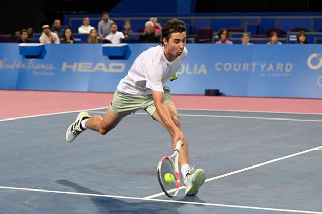 MONTPELLIER, FRANCE - FEBRUARY 2 : Alexander SHEVCHENKO (KAZ) during the 1 4 final of the ATP, Tennis Herren 250 Open Sud de France tournament vs. Alexander BUBLIK (KAZ) in Montpellier, France on February 2nd, 2024. TENNIS : Open Sud de France ATP 250 - 02 02 2024 ValentinaClaret Panoramic 