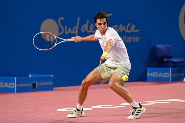 MONTPELLIER, FRANCE - FEBRUARY 2 : Alexander SHEVCHENKO (KAZ) during the 1 4 final of the ATP, Tennis Herren 250 Open Sud de France tournament vs. Alexander BUBLIK (KAZ) in Montpellier, France on February 2nd, 2024. TENNIS : Open Sud de France ATP 250 - 02 02 2024 ValentinaClaret Panoramic 