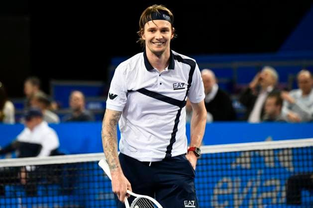 MONTPELLIER, FRANCE - FEBRUARY 2 : Alexander BUBLIK (KAZ) smile during the 1 4 final of the ATP, Tennis Herren 250 Open Sud de France tournament vs. Alexander SHEVCHENKO (KAZ) in Montpellier, France on February 2nd, 2024. TENNIS : Open Sud de France ATP 250 - 02 02 2024 ValentinaClaret Panoramic 