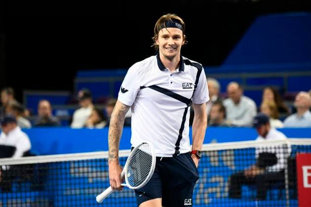 MONTPELLIER, FRANCE - FEBRUARY 2 : Alexander BUBLIK (KAZ) smile during the 1 4 final of the ATP, Tennis Herren 250 Open Sud de France tournament vs. Alexander SHEVCHENKO (KAZ) in Montpellier, France on February 2nd, 2024. TENNIS : Open Sud de France ATP 250 - 02 02 2024 ValentinaClaret Panoramic 