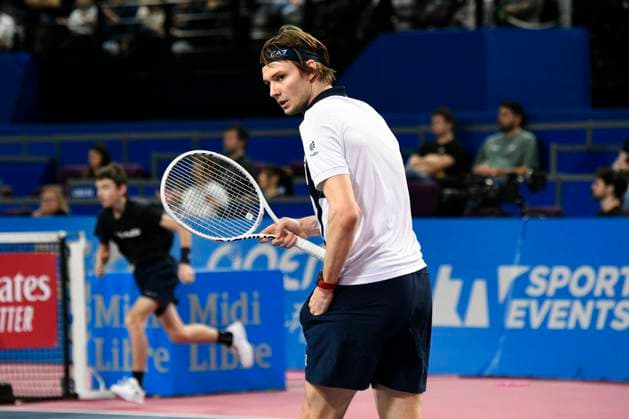 MONTPELLIER, FRANCE - FEBRUARY 2 : Alexander BUBLIK (KAZ) celebration during the 1 4 final of the ATP, Tennis Herren 250 Open Sud de France tournament vs. Alexander SHEVCHENKO (KAZ) in Montpellier, France on February 2nd, 2024. TENNIS : Open Sud de France ATP 250 - 02 02 2024 ValentinaClaret Panoramic 