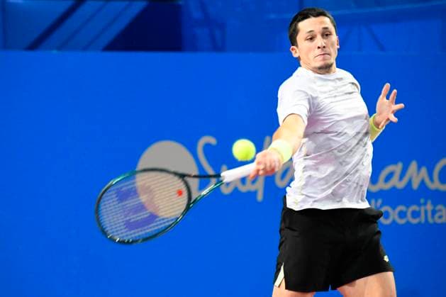 MONTPELLIER, FRANCE - FEBRUARY 2 : Harold MAYOT (FRA) during the 1 4 final of the ATP, Tennis Herren 250 Open Sud de France tournament vs. Felix AUGER-ALIASSIME (CAN) in Montpellier, France on February 2nd, 2024. TENNIS : Open Sud de France ATP 250 - 02 02 2024 ValentinaClaret Panoramic 